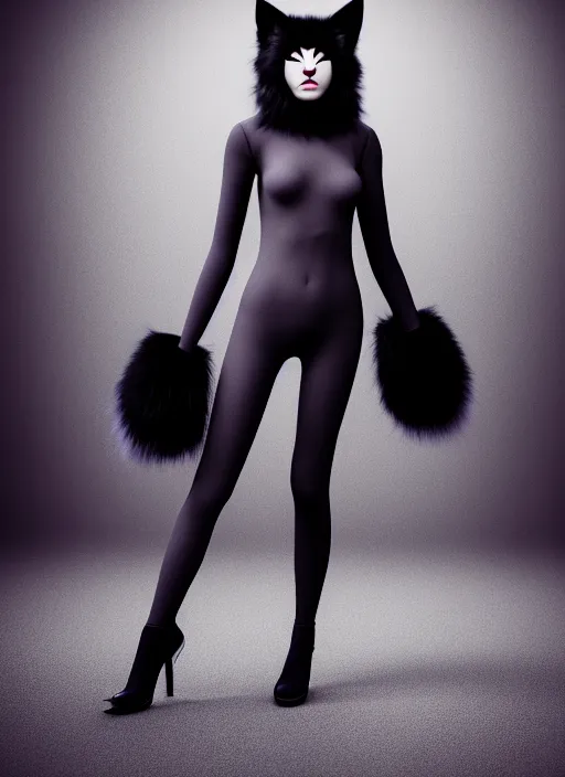 Image similar to full body environmental portrait photo of dressed catgirl anya taylor - joy, cat ears, fur, glamour shot by gemmy woud - binnendijk, chris knight, photorealistic, canon r 3, high fashion photography, elegant, luxury and elite, symmetry, octane render, unreal engine, solid dark grey background, dramatic studio lights, high fashion journal cover