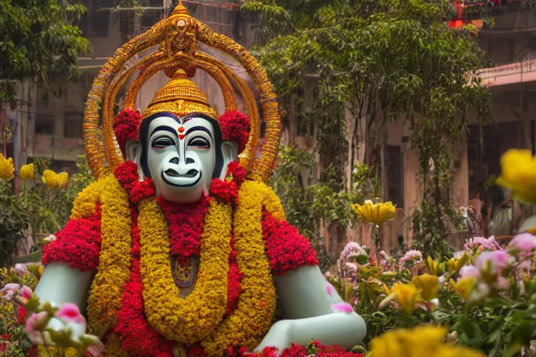 Image similar to beautiful dreamy biomorphic new delhi, hanuman!! head building, kalighat flowers, octane sharp cinematic, stephen shore & john j. park, soft morning light, wide shot, high angle, uhd 8 k, shallow depth of field