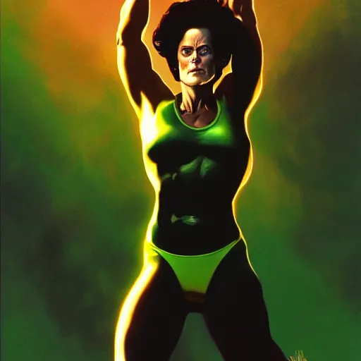 Prompt: full figure, Sigourney weaver as She-Hulk, atmospheric lighting, painted, intricate, golden hour, ultra detailed by Alex Ross