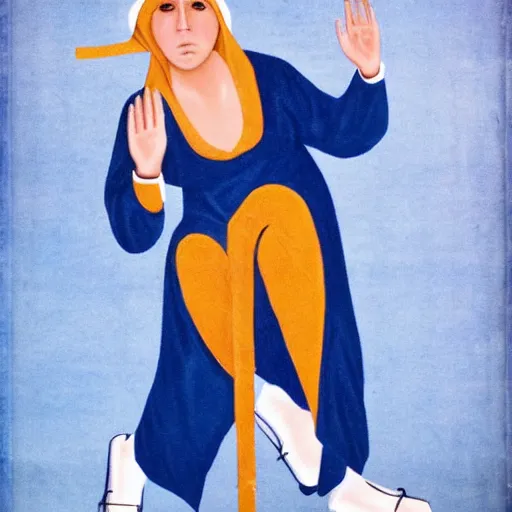 Image similar to blonde nun in blue clothes on roller skates, body shot, in the style of michaelangelo