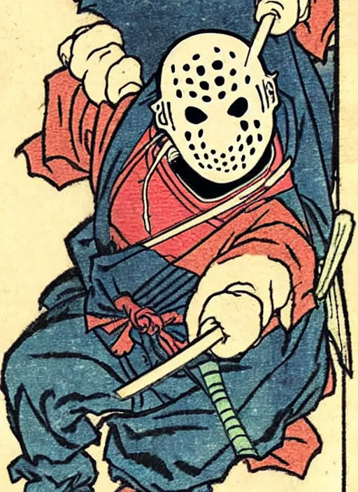 Image similar to jason voorhees as a yokai illustrated by kawanabe kyosai and toriyama sekien