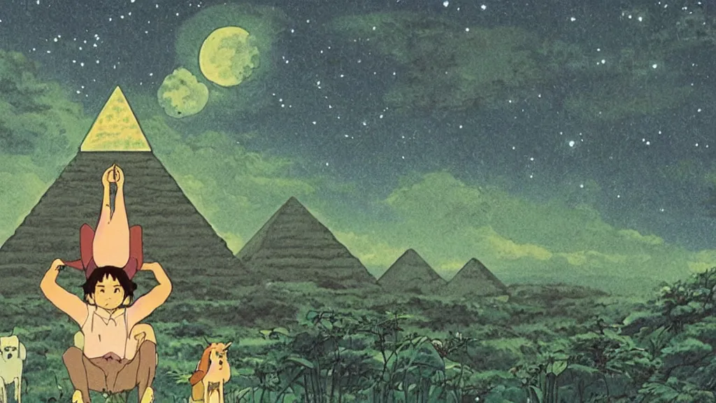 Image similar to a movie still from a studio ghibli film showing a huge demon meditating. a pyramid is under construction in the background, in the rainforest on a misty and starry night. a ufo is in the sky. by studio ghibli