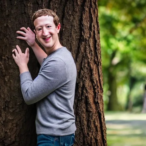 Prompt: high quality photo of mark zuckerberg hugging a tree, photography 4k, f1.8 anamorphic, bokeh, 4k, Canon, Nikon