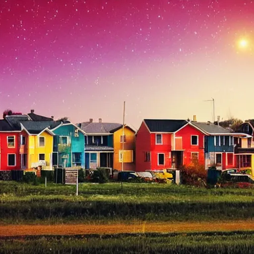 Prompt: endless suburb vibrant nostalgic night sky, vibrant houses.