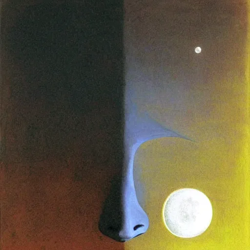 Image similar to Artemixel, the modern reincarnation of the old selenium god of hunt and moon, also known as Artemis or Selene, carrying the crown of the crescent moon. They are crowned by a bright and slightly bluish crescent like the brightness of the night. Portrait by Zdzislaw Beksinski, oil on canvas. Masterpiece.