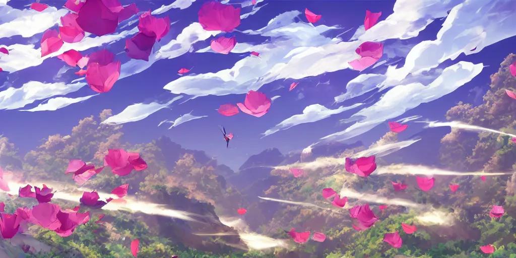 Image similar to background art of flying longswords flowing and floating through the slicing through directional wind on a simple cloudy sky background featuring a canyon bridge, big puffy clouds, large individual rose petals, lotus petals, angular background elements, large polygonal fragments, anime, studio ghibli, artgerm, manga, trending on artstation, art nouveau, mature color scheme