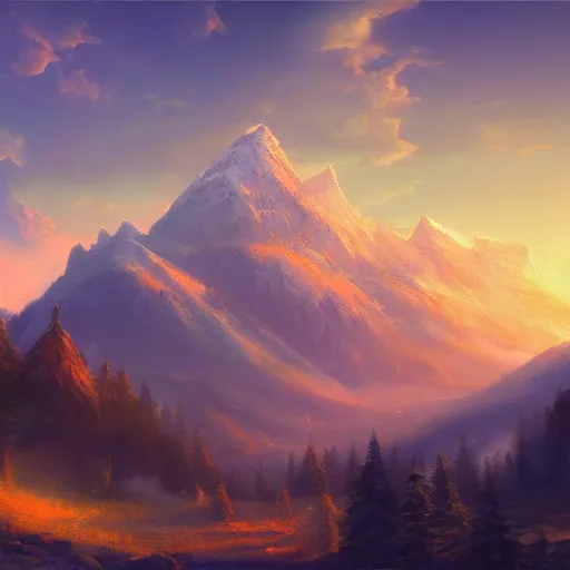 Prompt: mountain landscape, backlit by fire, 4 k, digital art, concept art, trending on artstation