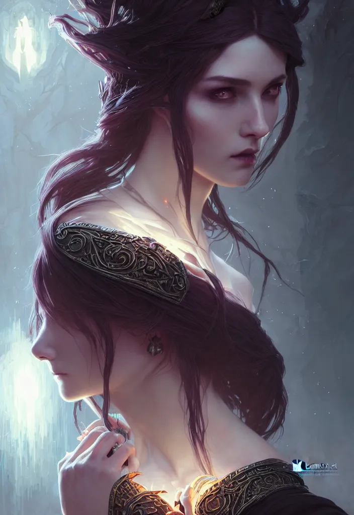 Image similar to Necromancer Sorceress, fantasy magic, undercut hairstyle, dark light night, intricate, elegant, sharp focus, illustration, highly detailed, digital painting, concept art, matte, art by WLOP and Artgerm and Greg Rutkowski and Alphonse Mucha, masterpiece