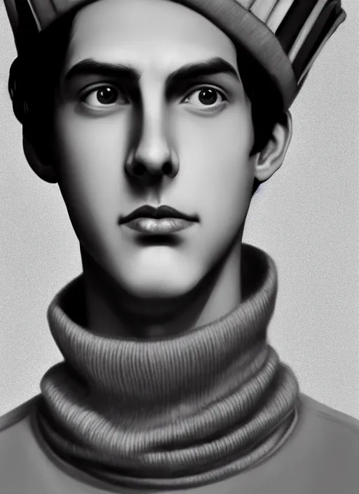 Image similar to portrait of teenage jughead jones wearing a light grey crown, crown, blue turtleneck, 1 9 5 0 s, closed eyes, photorealistic, black hair, glowing lighting, intricate, elegant, glowing lights, highly detailed, digital painting, artstation, concept art, smooth, sharp focus, illustration, art by wlop, mars ravelo and greg rutkowski