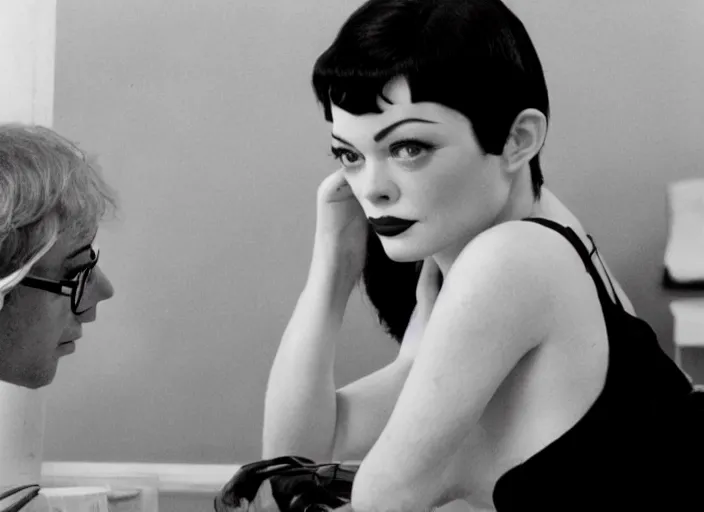 Image similar to Black and white film still of Rose Mcgowan on a Woody Allen film