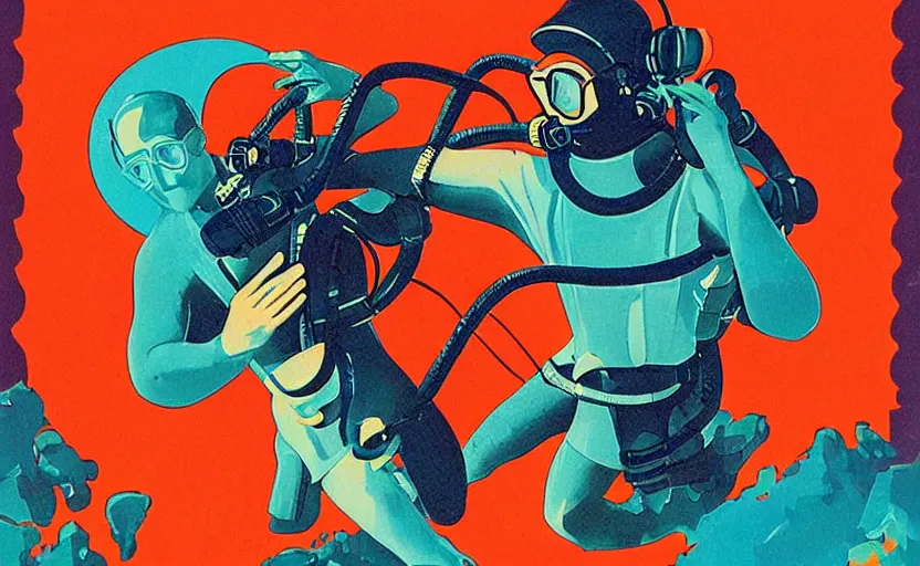 Image similar to vaporwave art deco of scuba diver by adolphe millot