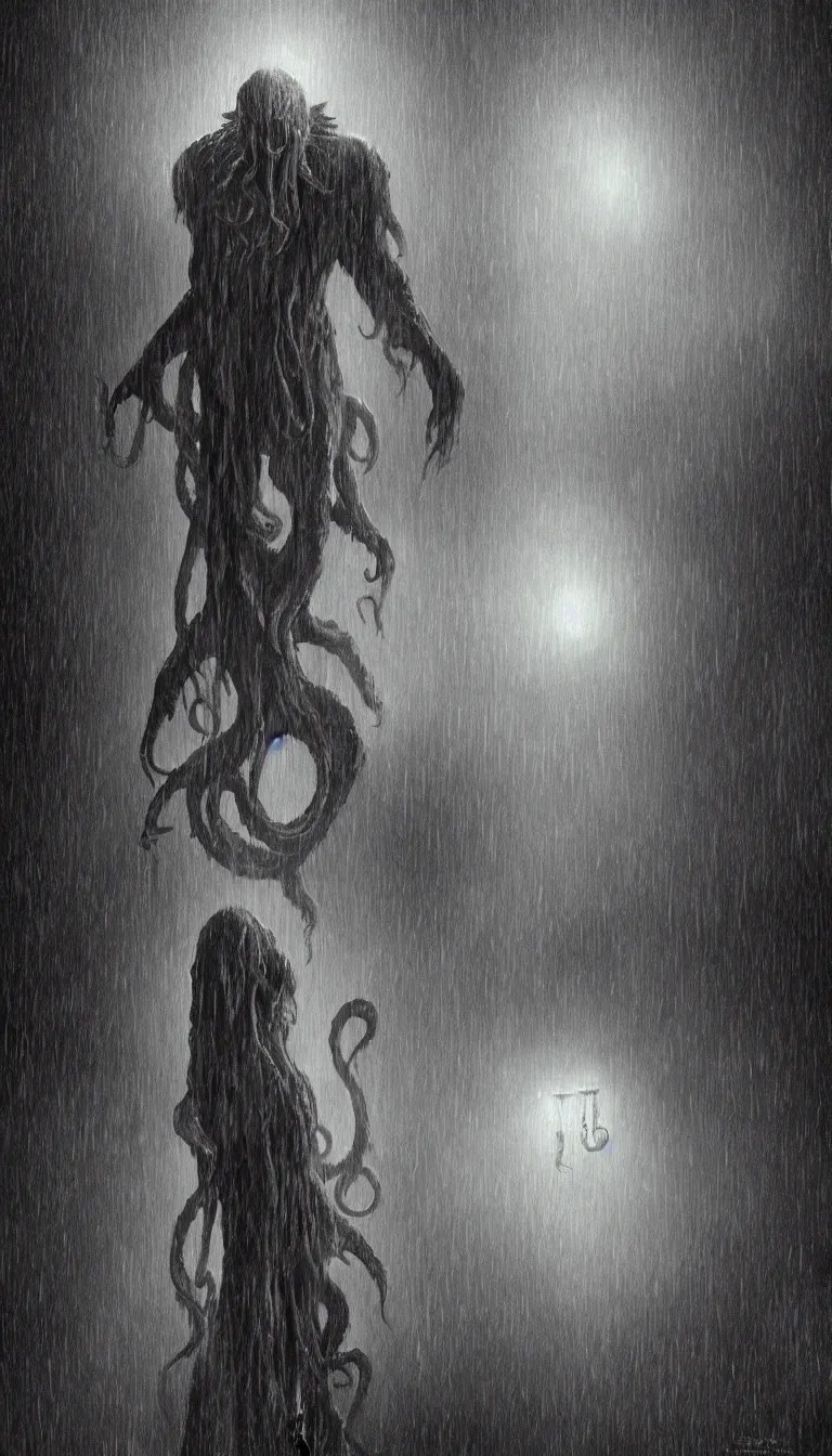 Prompt: digital artwork of Cthulhu standing in the rain solemnly, contemplating life and thereafter, by Max Hay, dark-esque, dark lighting, trending on artstation, 8k resolution, photorealistic resolution, photorealistic details, very detailed intricate details