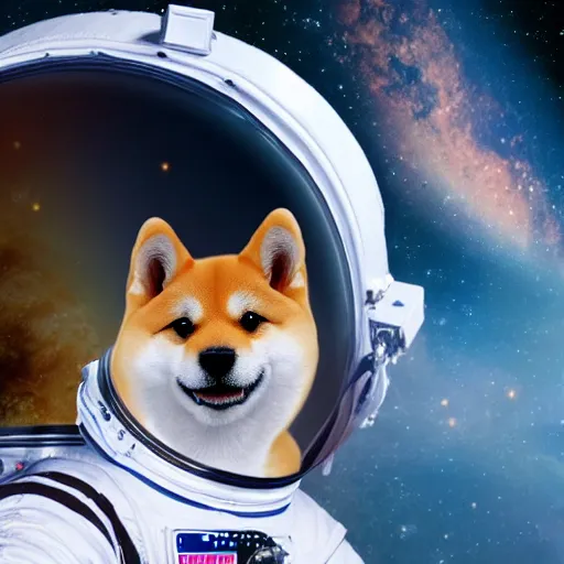 Prompt: a Shiba Inu wearing an astronaut helmet, surrounded by cosmic space