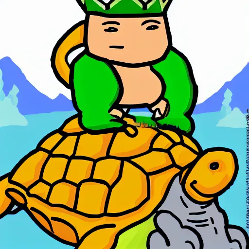 Image similar to wojak overlord with crown riding a turtle with ape next to it holding bag of gems intricate, realistic, photography