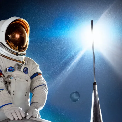 Image similar to closeup portrait of an astronaut with a broom sweeping on mars, natural light, photography, world press photo