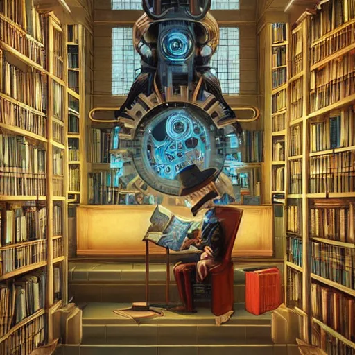 Prompt: hyperreal ultra detailed intricate clockwork robot reading a book in a library by peter mohrbacher and dan mumford, cgsociety, volumetric light