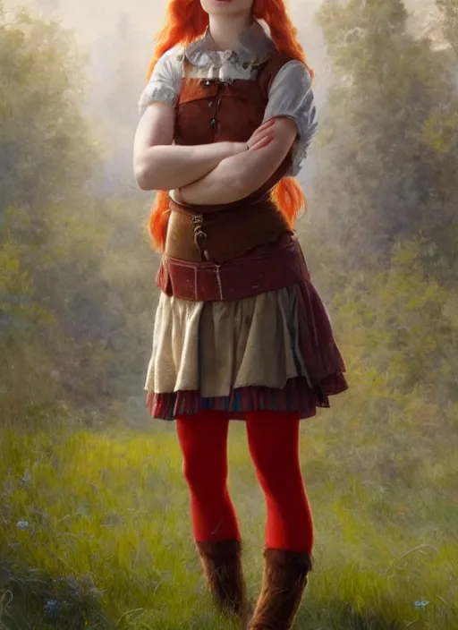 Image similar to portrait Sophie Turner as Pippi Longstocking, full length shot, shining, 8k highly detailed, sharp focus, illustration, art by artgerm, mucha, bouguereau