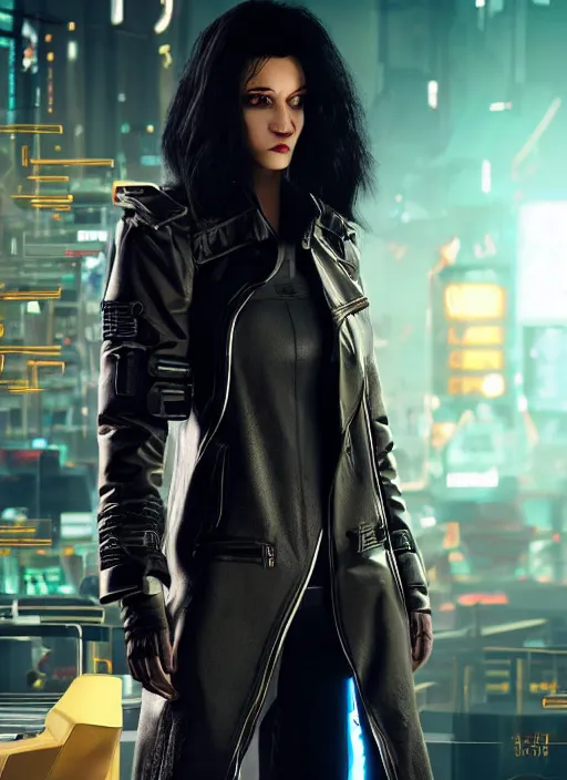 Image similar to black haired woman in a trench coat in a black cyberpunk 2 0 7 7, full body, intricate, highly detailed, face enhance, realistic