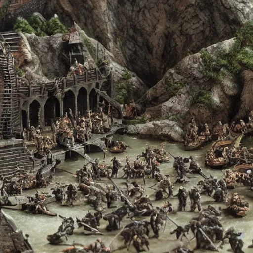 Image similar to diorama of the Battle of Helm's Deep, realistic, 4k, detailed