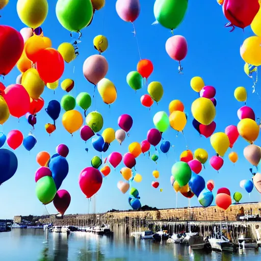 Prompt: photo of a lot of birthday balloons floating above a beautiful maritime port in bretagne. sharp focus, highly - detailed, award - winning