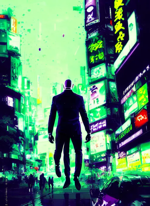 Image similar to jason statham as masked jaguar god walking in shinjuku, green and purple hour by ismail inceoglu