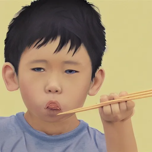 Image similar to a photorealistc digital art of a young asian boy eating noodles, award winning photography, trending on artstation