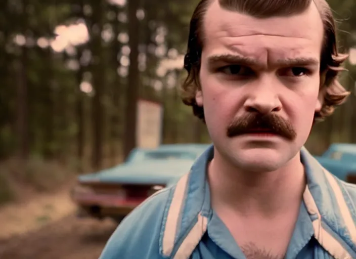 Image similar to film still of jim hopper as steve harrington in stranger things, 8 k