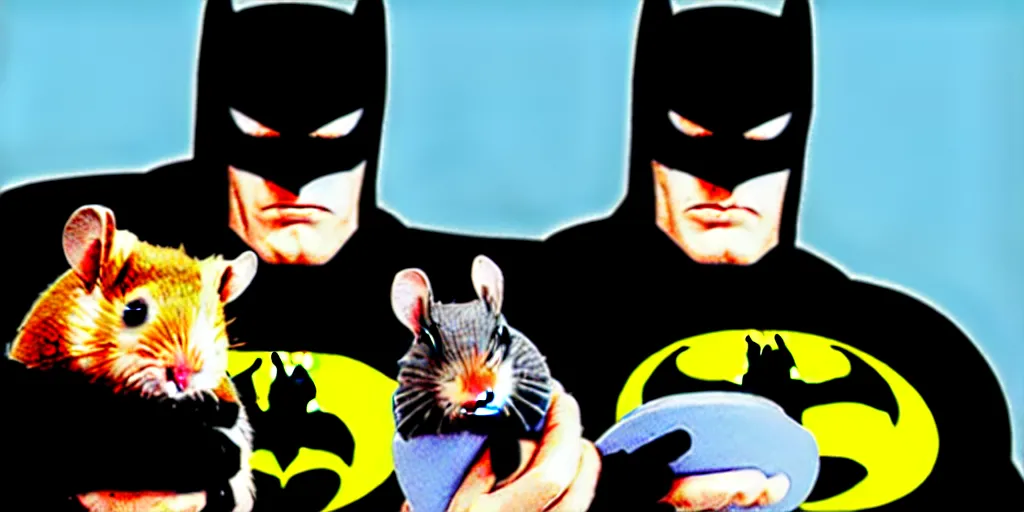 Image similar to The Batman poses with a hamster in his hand, comic book style