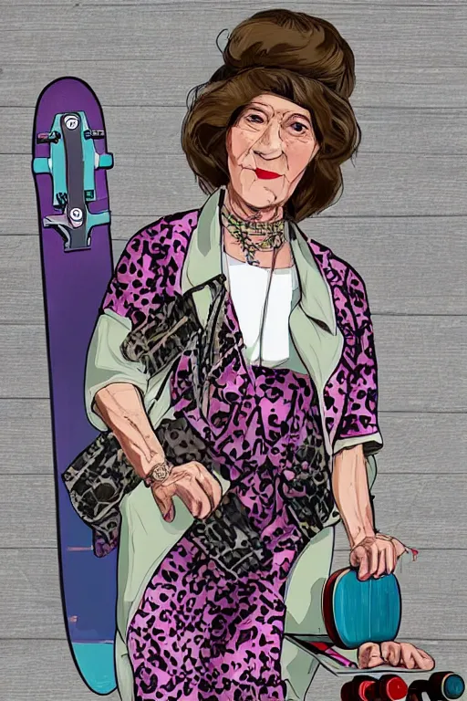 Image similar to a portrait of a fashionable gran on a skateboard in los angeles, in the style of gta waiting screen