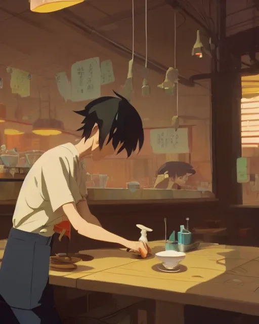 Image similar to a man cleaning the table in his ramen shop, cory loftis, james gilleard, atey ghailan, makoto shinkai, goro fujita, studio ghibli, rim light, exquisite lighting, clear focus, very coherent, plain background, soft painting