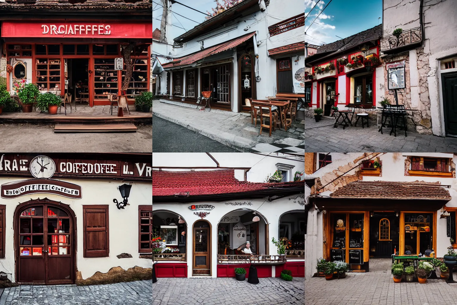 Prompt: exterior photo of dracula's trendy new coffee shop in a small transylvanian village, architectural photography, 4 k, dslr