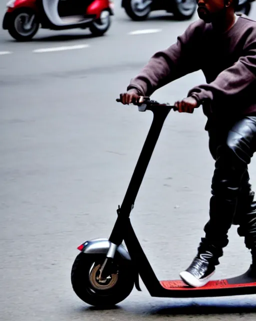 Prompt: close up shot of kanye west riding scooter in hanoi, a photo in daylight