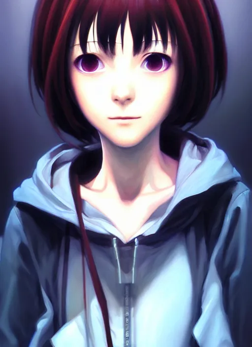 Image similar to a beautiful portrait painting of lain from serial experiments : lain. character design by shinji aramaki, charlie bowater, ross tran, artgerm, and makoto shinkai