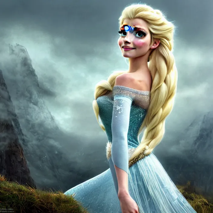 Image similar to portrait of a combination of Ashley Greene, Katheryn Winnick, Victoria Justice and Adriana Dxim, Grace Kelly, Emma Watson and Lily Collins with blonde hair as Elsa from Frozen, countryside, calm, fantasy character portrait, dynamic pose, above view, sunny day, thunder clouds in the sky, artwork by Jeremy Lipkin and Giuseppe Dangelico Pino and Michael Garmash and Rob Rey and Greg Manchess and Huang Guangjian, very coherent asymmetrical artwork, sharp edges, perfect face, simple form, 100mm