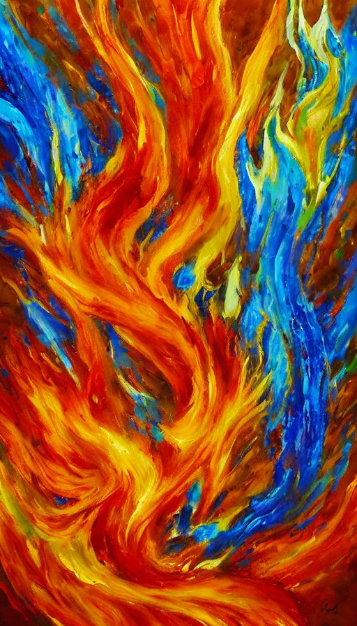 Image similar to oil painting of fire and water mixing together