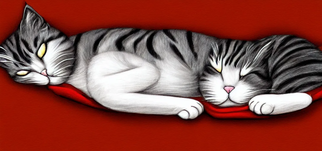 Image similar to cat sleeping in bed, digital art