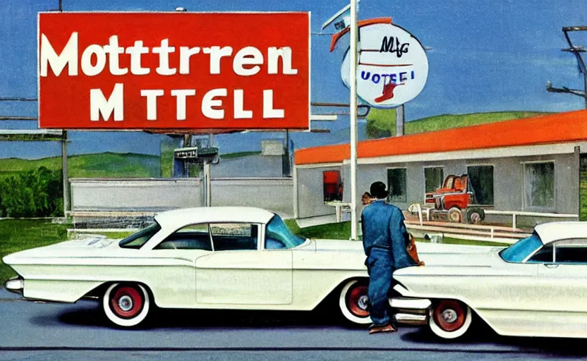 Prompt: 1 9 6 0 s americana painting of a motel and motel sign with a car parked outside by norman rockwell, relaxed mood