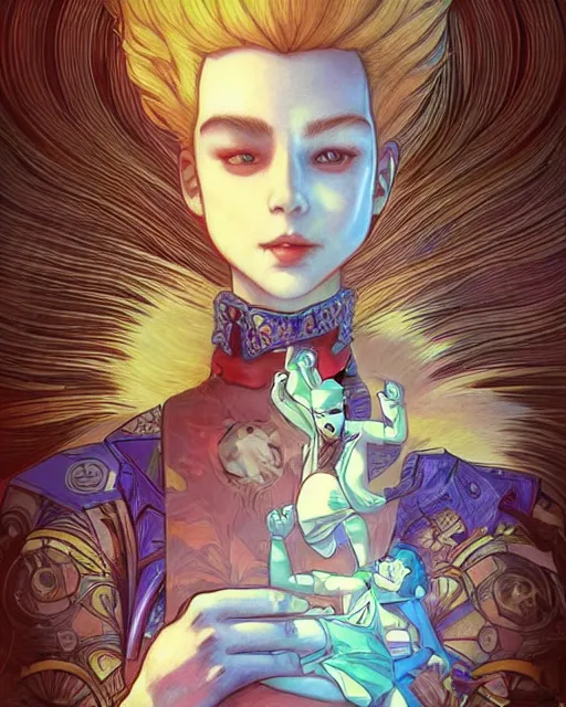 Image similar to if bart simpson was a real boy, beautiful shadowing, 3 d shadowing, reflective surfaces, 8 k, beautifully detailed pencil illustration, intricate, epic composition, masterpiece, bold complimentary colors. stunning masterfully illustrated by artgerm, range murata, alphonse mucha