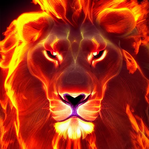 Image similar to fire lion, flaming, detail, unreal engine, cinematic lighting, colorful