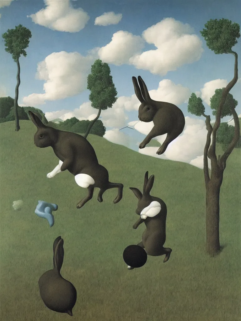 Prompt: Painting of a rabbit chasing a hunter, by Magritte