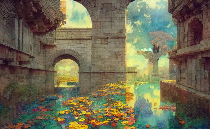 Image similar to tiled room squared waterway, aqueducts, fantasy. intricate, amazing composition, colorful watercolor, by ruan jia, by maxfield parrish, by marc simonetti, by hikari shimoda, by robert hubert, by zhang kechun, illustration, gloomy