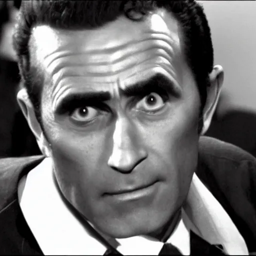 Prompt: Rod Serling Twilight Zone monologue at an e-sports competition. b/w tv still, high quality face.