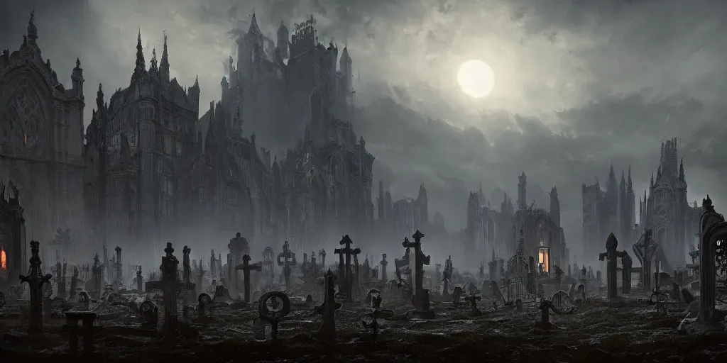 Prompt: A fancy landscape of a Medieval Graveyard by Greg Rutkowski, Sung Choi, Mitchell Mohrhauser, Maciej Kuciara, Johnson Ting, Maxim Verehin, Bloodborne, 8k photorealistic, volumetric lighting, HD, high details, dramatic, dark atmosphere, trending on artstation