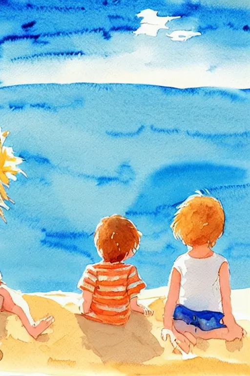 Prompt: Two children sitting on the beach and making sandcastles, blue sky, watercolor, artstation, children's book, HD, by Benji Davies