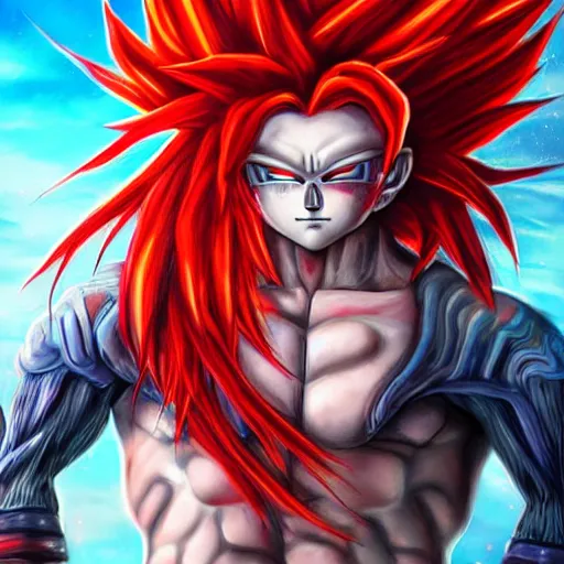 Image similar to a gorgeously defined character with long red hair and immensly glowing eyes, wearing saiyan armor with blue baggy pants, surrealism art, portrait!!, intricately detailed, 4 k quality