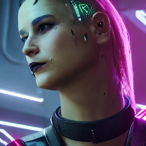 Image similar to female V from Cyberpunk 2077 wearing spiked steel choker, steel collar, steel choker, punk, steel collar, 4K, realistic, spiked collar, portrait, art, beautiful,