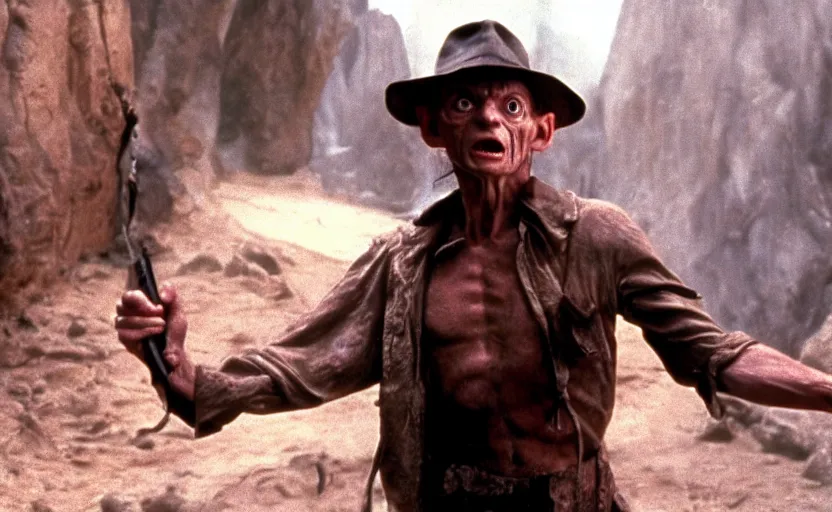 Image similar to a still of gollum as indiana jones in in indiana jones and the last crusade ( 1 9 8 9 ),