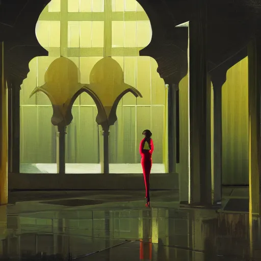 Prompt: beautiful woman, courtyard, capital, mosque interior, reflections, control panel, watcher, omniscient, tech noir, few neon signs, concept art, speed painting, oil on canvas