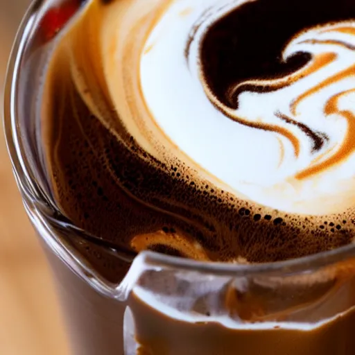 Image similar to close-up of nitro-cold-brew-coffee mixing with cream, perfect turbulence mixing cream-and-coffee, swirled, texture,