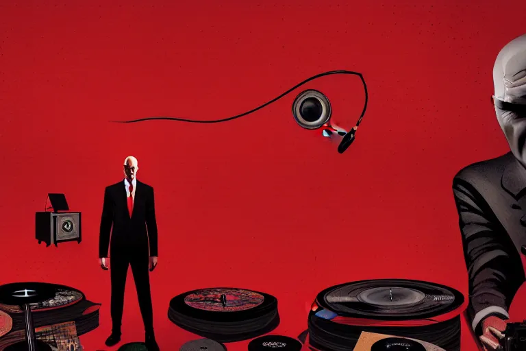 Image similar to an expressive portrait of agent 4 7 from hitman wearing headphones standing in front of a wall of vinyl records, speakers and cables, dark background, red rim light, digital art, artstation, concept art by giger stalenhag